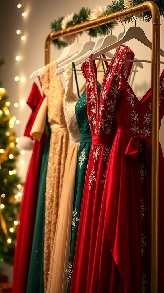 Elegant Christmas dresses in red, green, and gold hanging on a rack with fairy lights in the background.